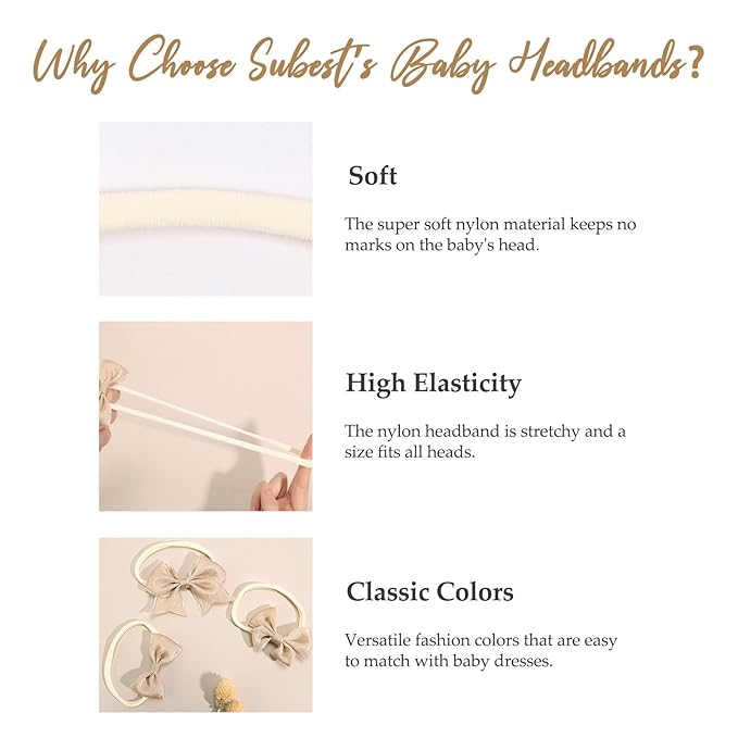 3PCS Baby Girl Bows Soft Stretchy Nylon Headbands Handmade Gold