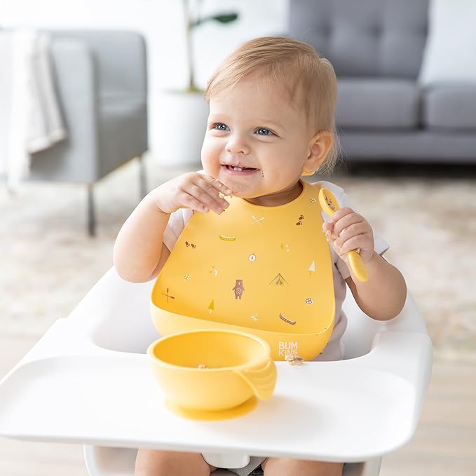 Bumkins Baby Bowl, Silicone Feeding Set with Suction for Baby and Toddler, Includes Spoon and Lid, First Feeding Set, Training Essentials for Baby Led Weaning for Babies 4 Months Up, Pineapple