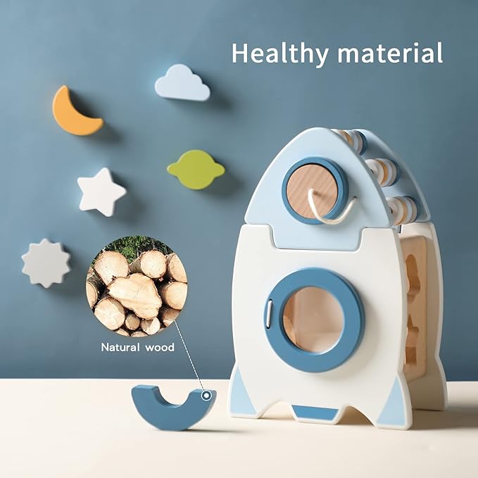 ibwaae Wooden Rocket Activity Cube, Space Busy Board Toys 5 in 1 Shape