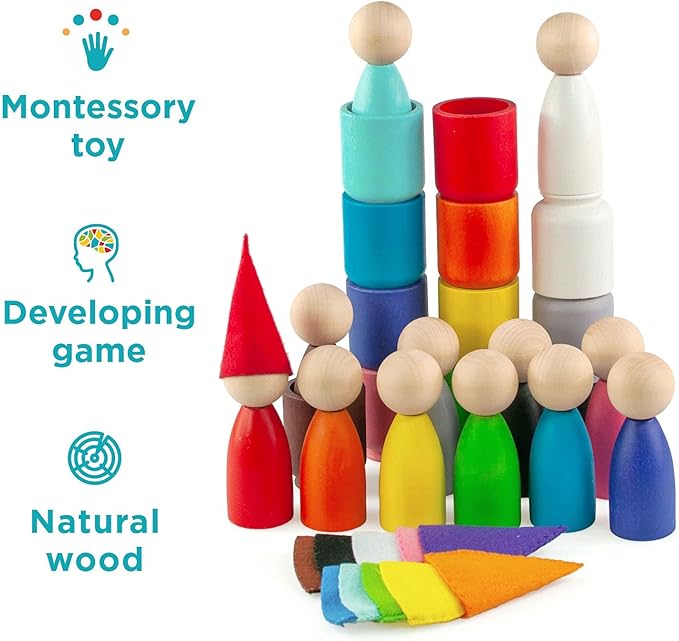 Ulanik Large Peg Dolls in Cups with Hats Toddler Montessori Toys for 3 Year Old + Wooden Waldorf Dolls for Learning Color Sorting and Counting β 12 Gnomes