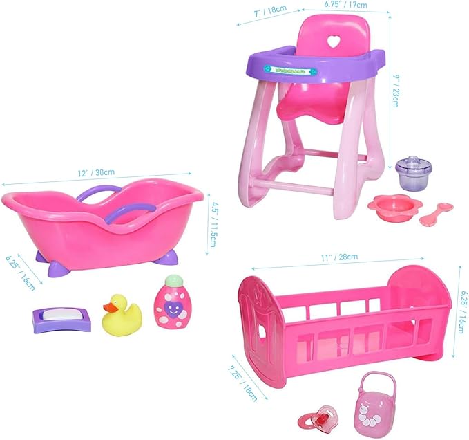 JC Toys Deluxe Doll Accessory Bundle | High Chair, Crib 11" | 11" La (81453)