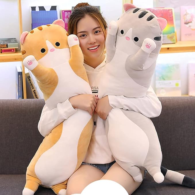 Cute Cat Plush Long Body Pillow Cuddle Cartoon Stuffed Animals Cat Plushie Soft Doll Pillows Gifts for Kids Girls(Orange, 35 Inches) 1 Count 1)