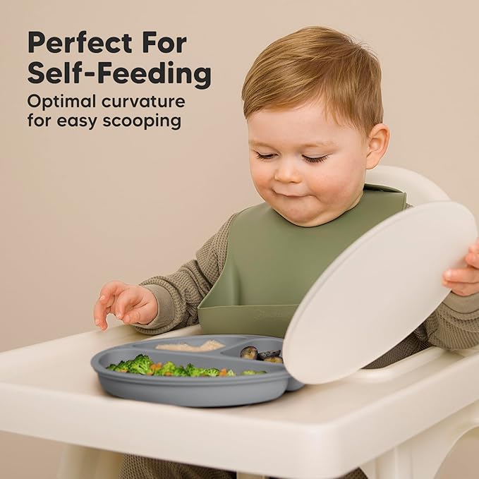 KeaBabies Suction Plates with Lids for Baby - 3-Pack 100% Silicone Suction Plates for Baby, Kids,Toddler Plates,Divided Baby Plates with Suction,Lids, BPA-Free, Microwave, Dishwasher Safe (Slate)