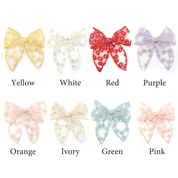 Fable Embroidered Hair Bow clips, Gauze Large Bows Alligator clips 8 PCS