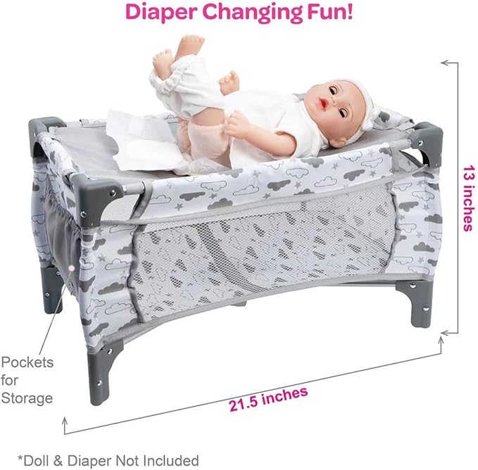ADORA Baby Doll Crib/Bed/Playpen, Twinkle Stars Deluxe Pack N Play 7-Piece Set Fits Dolls up to 20 inches 3 Clouds 3+
