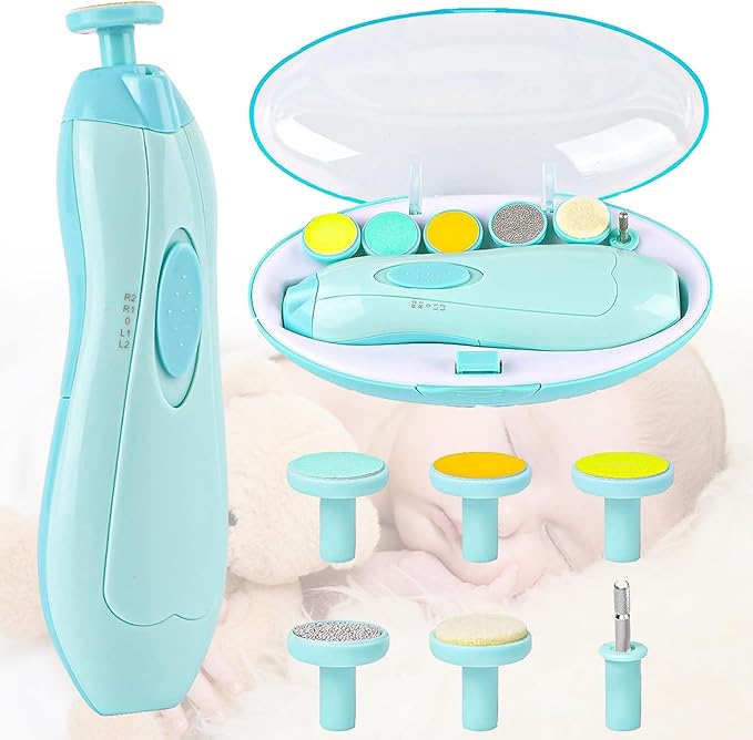 Baby Nail Electric Trimmer, Trim Polish Grooming Kit with 6 Grinding Head and LED Light, Safe Nail Clippers Nail File Kit for New Born Infant Toddler or Adults Toes and Fingernails (Green)