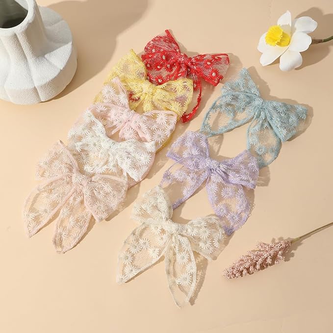 Fable Embroidered Hair Bow clips, Gauze Large Bows Alligator clips 8 PCS