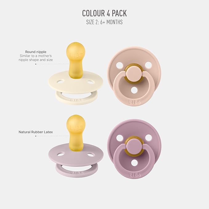 BIBS Pacifiers - Colour 4 Pack | Round Nipple Baby Pacifier 6-18 Months
