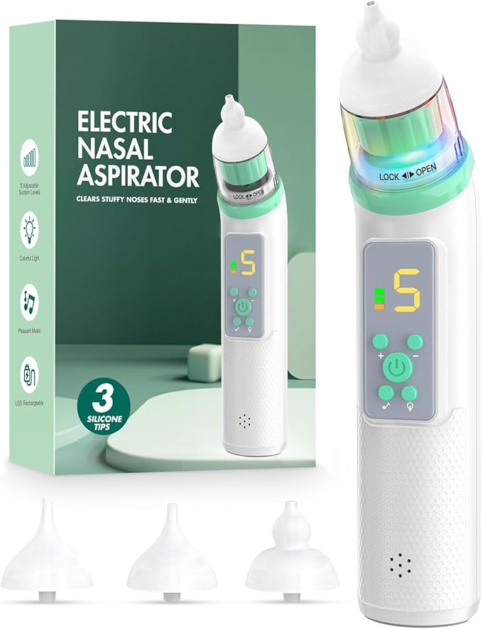 Nasal Aspirator for Baby, Electric Baby Nose Sucker with Adjustable 5 Levels Suction 3 Tips,