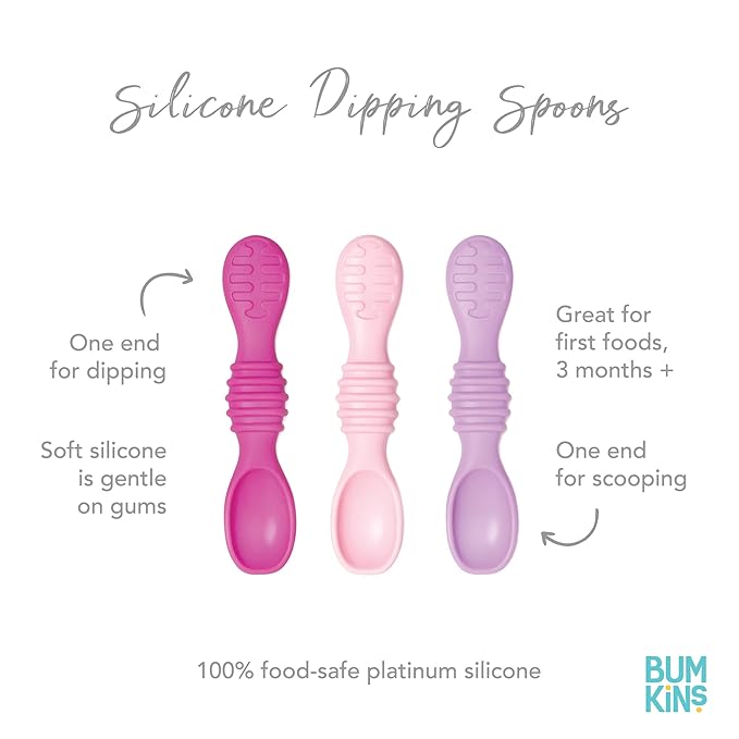 Bumkins Baby Utensil Set, Silicone Trainer Spoons for Dipping, Soft Tip, Self-Feeding, Chew, Baby Led Weaning, First Year Training Supplies, Essentials Learning Eating, 4 Mos, 3-pk Pink and Lavender