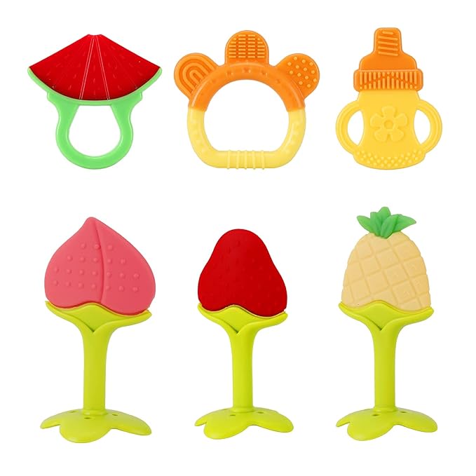 NASHRIO Baby Teething Toys Pack of 6 - Silicone BPA Free Natural Organic Freezer Safe Teethers for Newborn Infant, Soft & Textured