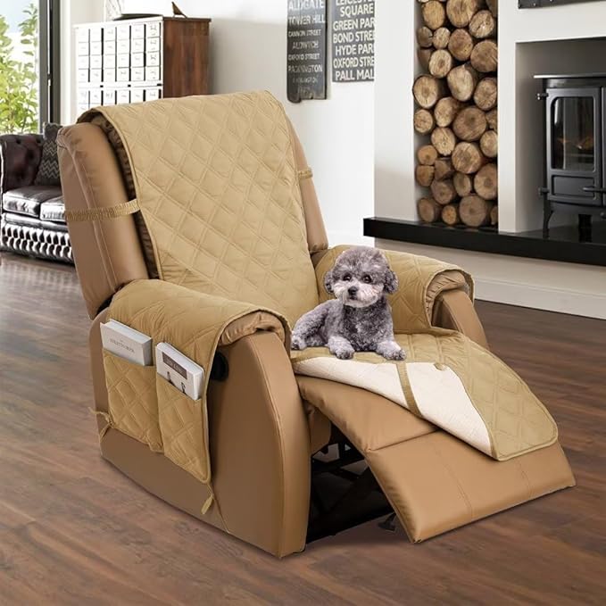 TOMORO Non-Slip Quilted Recliner Cover, 100% Waterproof Recliner Chair Slipcover Furniture Protector with Pockets, Washable Couch Cover with Elastic Straps for Kids and Pets,23 Inch