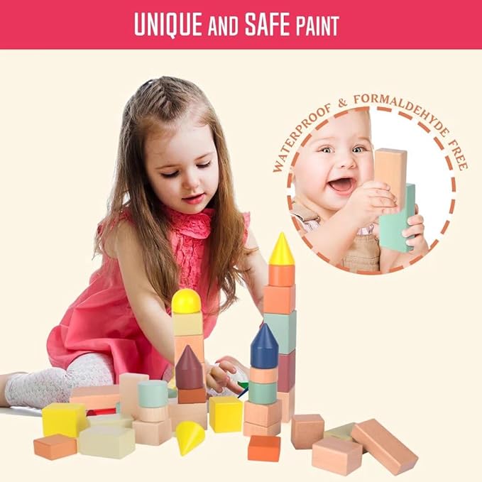 Migargle Large Wooden Building Blocks for Toddlers - Educational Preschool (48Pcs)