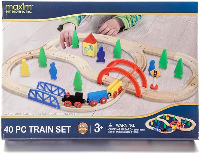 inc. 40 Pc Wooden Train Set, Complete Toy Railway with Straight and Curved Tracks 3+