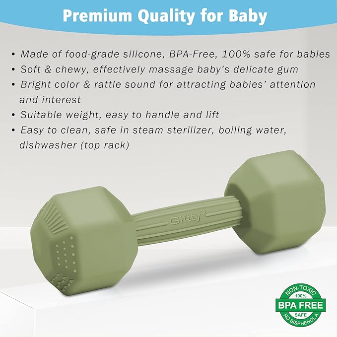 Baby Dumbbell Toy - Silicone Infant Rattle Teething Toy Teether Toddler Sensory Toy Durable Safe Exercises Workout Weight (1pcs -