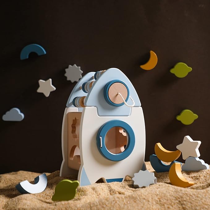 ibwaae Wooden Rocket Activity Cube, Space Busy Board Toys 5 in 1 Shape
