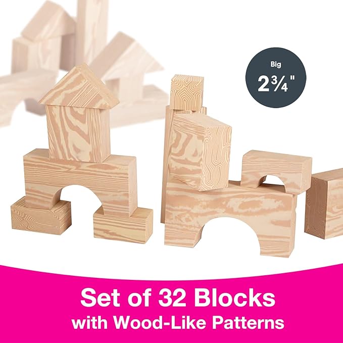 Edushape Wood-Like Soft Baby Blocks for Toddlers 1-3, 32 Pieces Big Size - Edu-Blocks Soft Blocks Foam Blocks