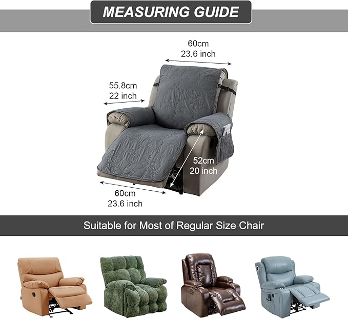 100% Waterproof Recliner Chair Cover, Recliner Chair Covers for Reclining Chair, Non-Slip Fabric Recliner Couch Cover for Living Room, for Pets Kids Protector, Washable (Dark Gray, 23"Recliner Chair)