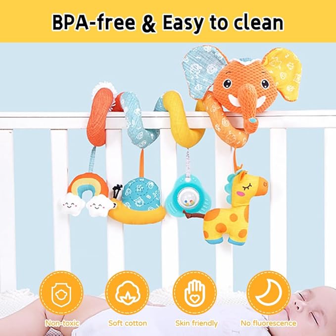 Car seat Hanging Toys, Baby Spiral Activity Plush Stroller Toys Baby Rattle Sensory Toys for Crib Mobile Bassinet with Music Box BB Squeaker Rattles, Infant Toys for 0 6 12 Months Gifts