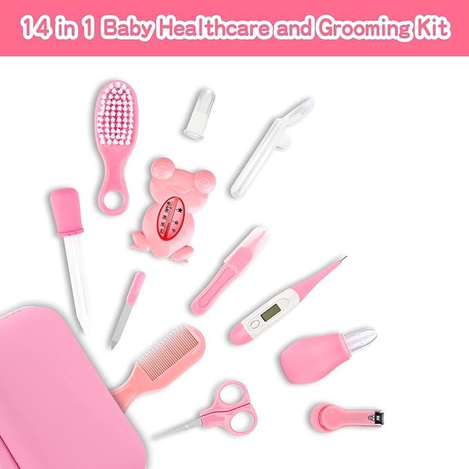 Baby Grooming and Healthcare Kit, Infant Safety Care Set with Hair Brush Comb Nail Clipper Nasal Aspirator,Baby Essentials Kit for Newborn Girls Boys (13 in 1, Pink)