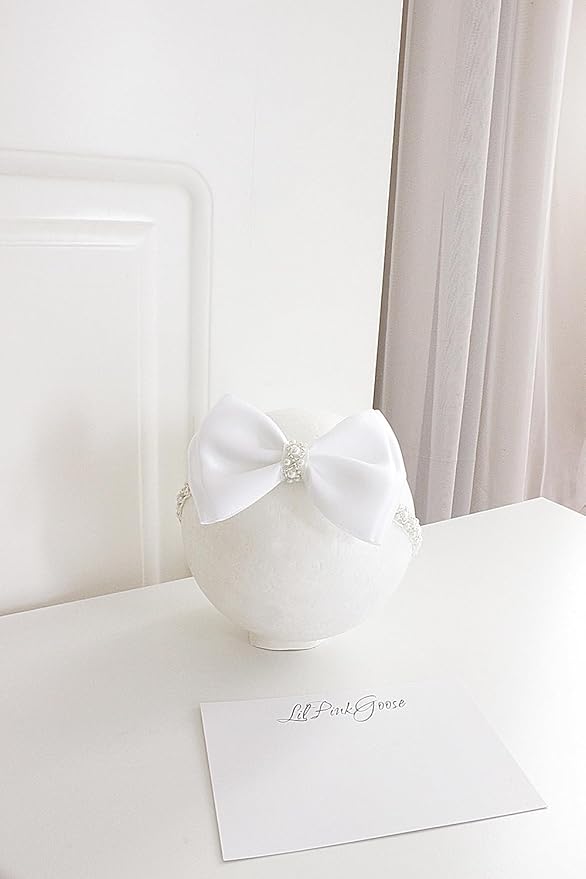 0-12 Newborn Baby Baptism Pearl Headband with Bow in WHITE Christening Headband with Satin Bow, Pearl Rhinestone Band (Peach(6-12Months) 6-12Months)