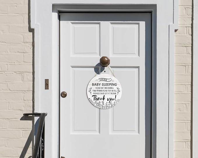 Pigort Funny Baby Sleeping Hanging Sign Plaque, Do Not Knock Or Ring The Bell (12x12inch)(Round-White)