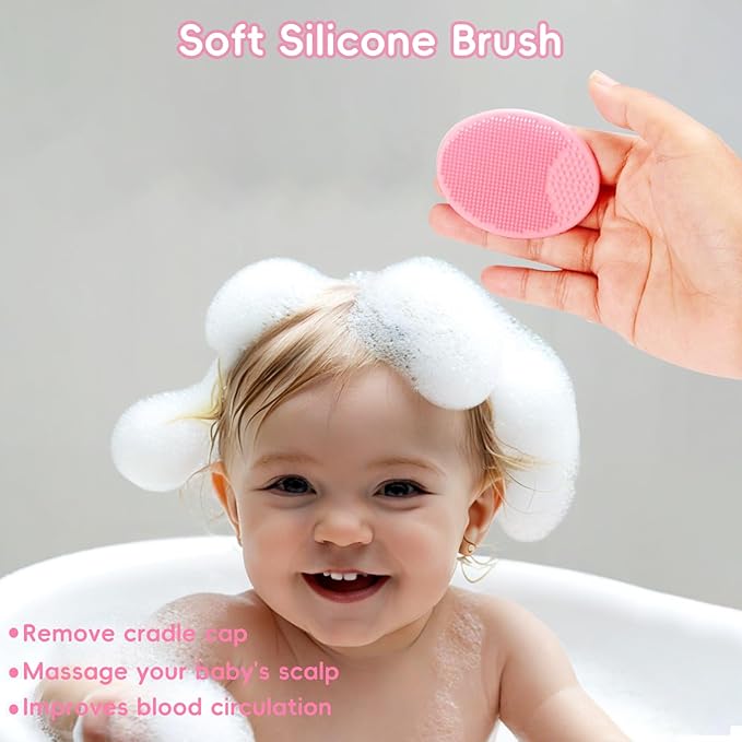 Cradle Cap Brush for Babies, 5Pcs Cradle Cap Treatment Set with Soft Bristle Brushes Silicone Scrubber Fine-Tooth Comb for Newborn Bathing Essentials Baby Brush and Comb Set (Pink)