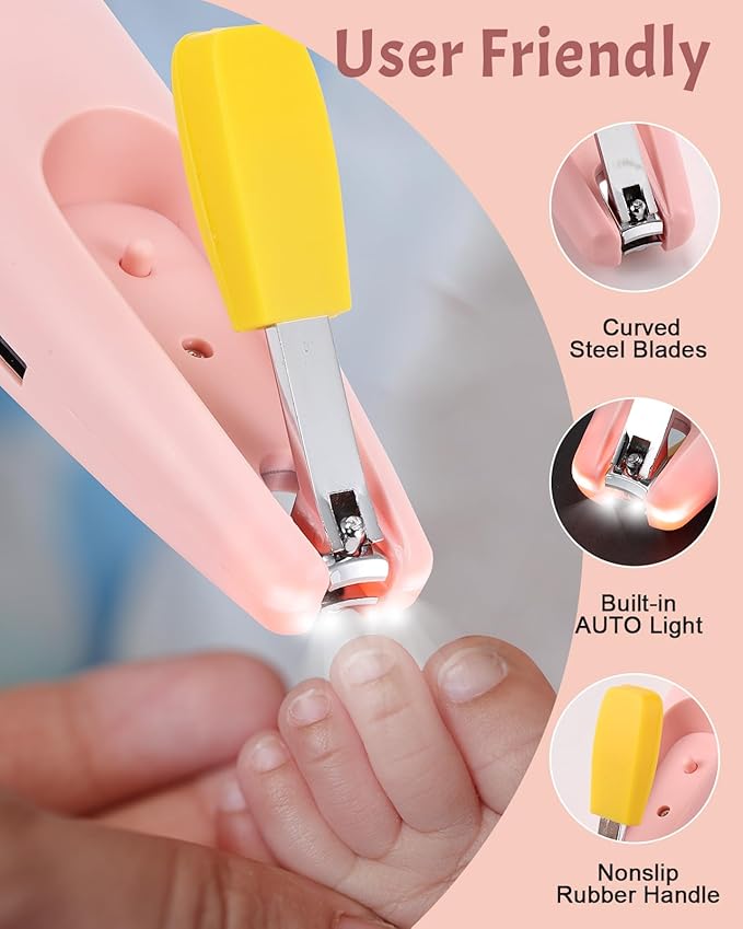 Lictin 2 in 1 Baby Nail Trimmer Electric, Safe Baby Nail File Kit Rechargeable, Baby Nail Clippers with Auto Light for Newborn, Infant, Toddler, Kids, 10 Replacement Grinding Heads, Trim and Polish