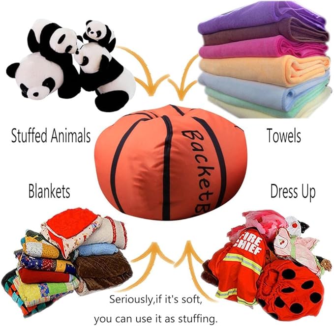 Storage Bean Bag Chair 18 Inch Beanbag Cover with Zipper for Kids Plush Toys Game Play (Basketball)