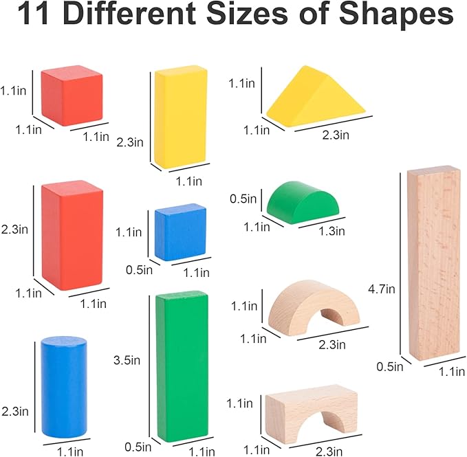 TOOKYLAND 100 Pieces Wooden Building Blocks, Shape Sorting Stacking Toy for Kids with Storage Bucket 1 2 3 Year
