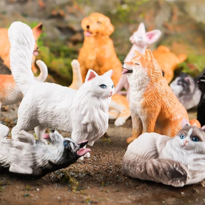 iftnotea 12PCS Small Dog and Cat Figurines for Kids - Puppy Toy Figures with Golden Retriever Husky Colie Pug Shorthair Cat