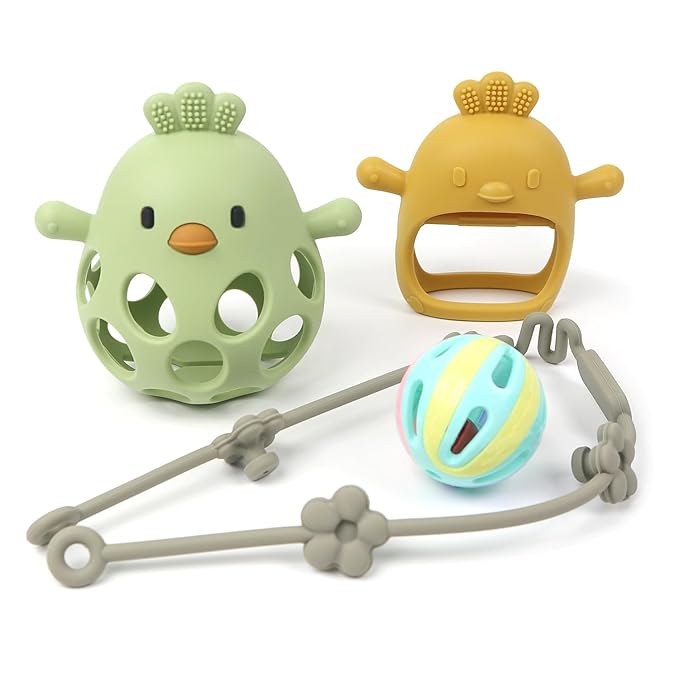 Baby Sensory 4-Piece Toy Set: Hollow Hand-Gripping Chicken Teether, Teething Mitten