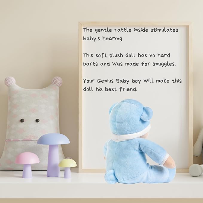 Genius Baby Toys Baby Boy Doll - My First Boy Baby Doll in Blue with Rattle, No Hard Parts