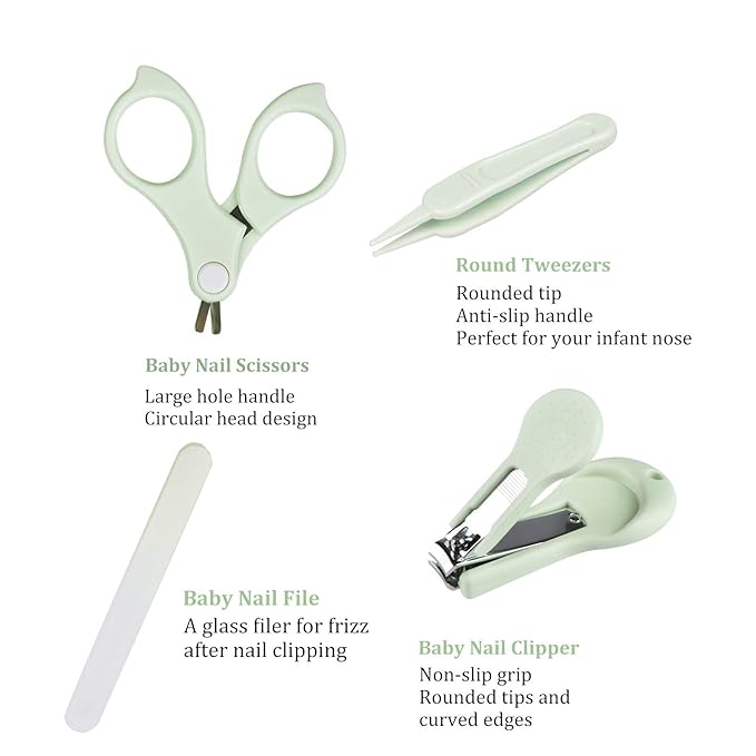 Baby Nail Kit, Baby Manicure Kit and Pedicure with Cute Owl Shape Case. Baby Nail Clipper, Scissor, Nail File & Tweezer for Newborn, Infant & Toddler, Mothers Day Gifts(Green)