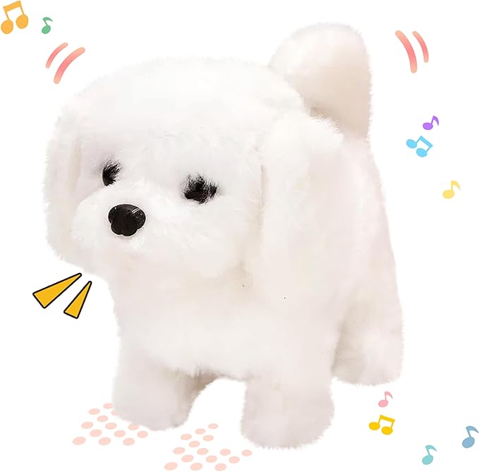 Hopearl Walking Dog Bichon Interactive Electronic Pet Plush Toy Puppy Woof and Moving Animated Nodding Head Gifts for Toddlers Birthday, White 7''