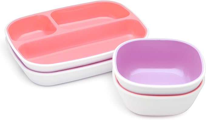Munchkin® Splash™ 4 Piece Toddler Divided Plate and Bowl Dining Set, Pink/Purple & Any Angle™ Weighted Straw Trainer Cup with Click Lock™ Lid, 7 Ounce, 2 Pack, Pink/Purple