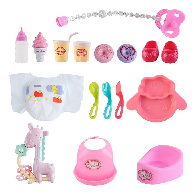 deAO 12” Baby Doll Play Set with Crib, Mobile 21 PCS