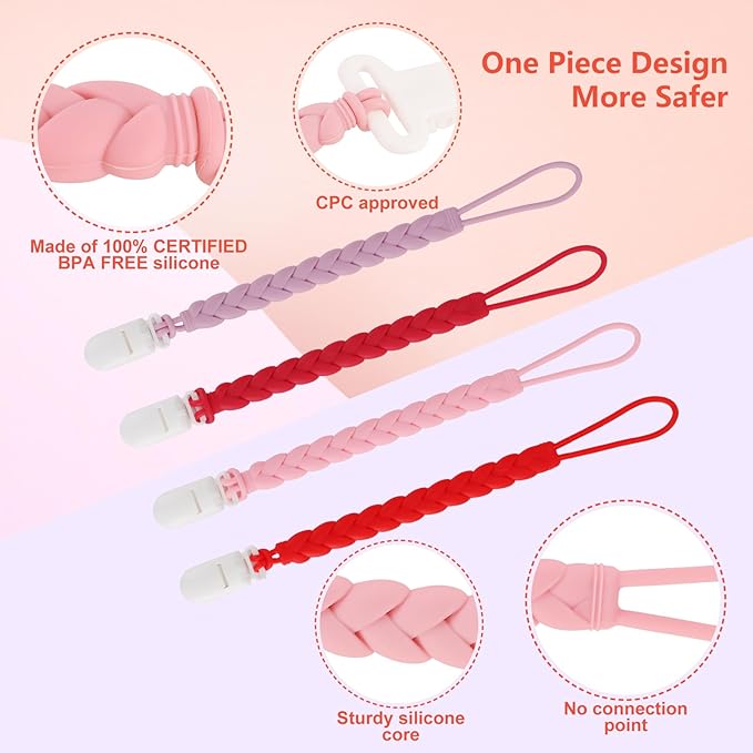 Stylish Silicone Pacifier Clips 4-Pack for Baby Boys and Girls, Woven Rope Flexible Design