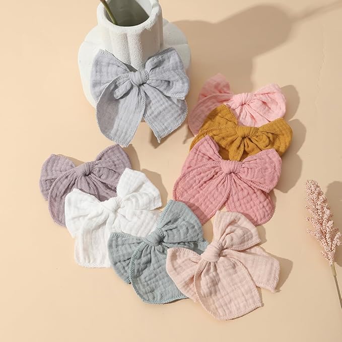 Cotton Muslin 4.5Inch Hair Bow Clips 8Pcs Set, Big Bow Alligator clips