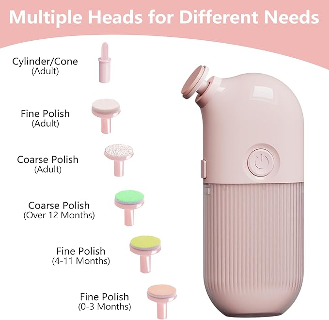 Electric Baby Nail Trimmer, Portable with 7 Grinding Heads, Rechargeable Whisper Quiet Nail Trim Polish Grooming Kit, Safe Nail File for Baby Newborn Infant Toddler Kids or Adults (Pink)