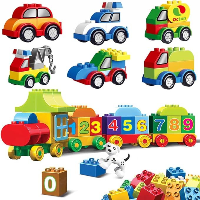 85PCS Toddlers Car Building Blocks Set, 6Pcs Different Vehicles and A Counting Train Educational Toy 3+ years