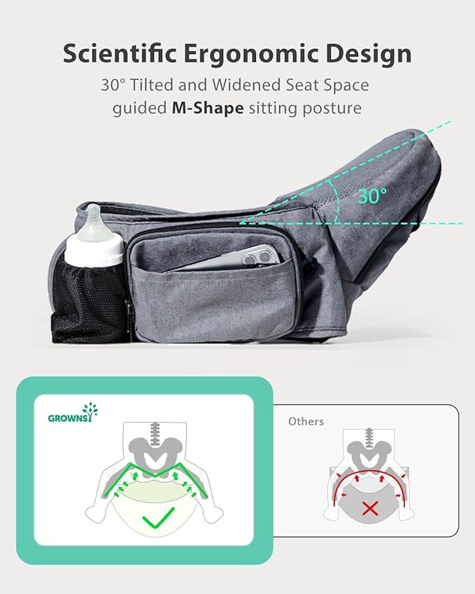 Baby Hip Carrier, GROWNSY Ergonomic Hip Seat Baby Carrier with Multiple Pockets, Adjustable Extended Waistband for Newborns & Toddlers up to 50 lbs, Light Grey