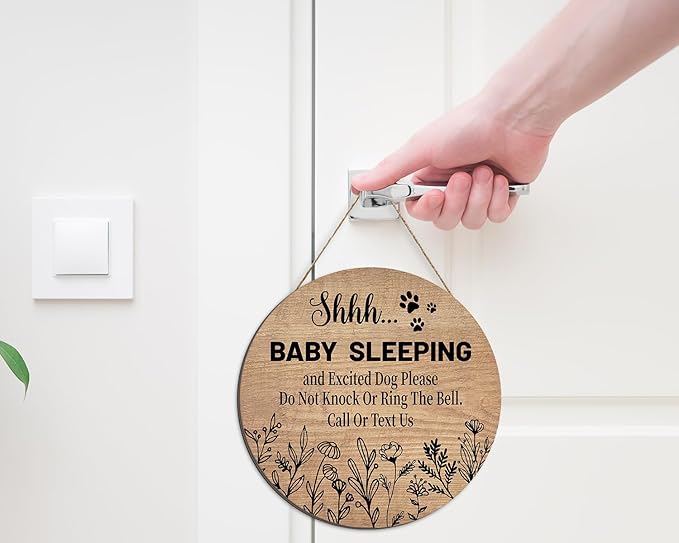 Pigort Funny Baby Sleeping Hanging Sign Plaque, Do Not Knock Or Ring The Bell (12x12inch) (Round-Brown)