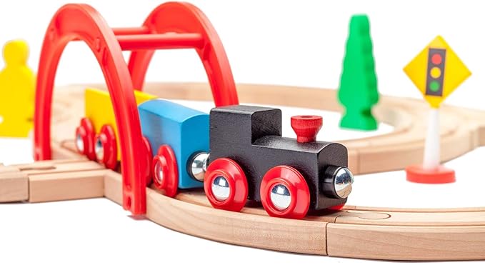 inc. 40 Pc Wooden Train Set, Complete Toy Railway with Straight and Curved Tracks 3+