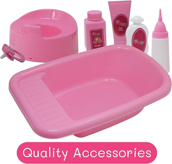 Baby Doll Bath Set with Bathtub & Playtime Accessories – Bath Time Playset for Kids, Girls 12” Doll, 8pc Pink 3+…