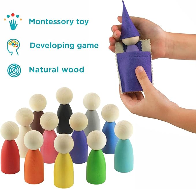 Ulanik Large Peg Dolls with Hats and Beds Toddler Montessori Toys for 3 Year Old + Wooden Waldorf Dolls for Learning Color Sorting and Counting β 12 Gnomes