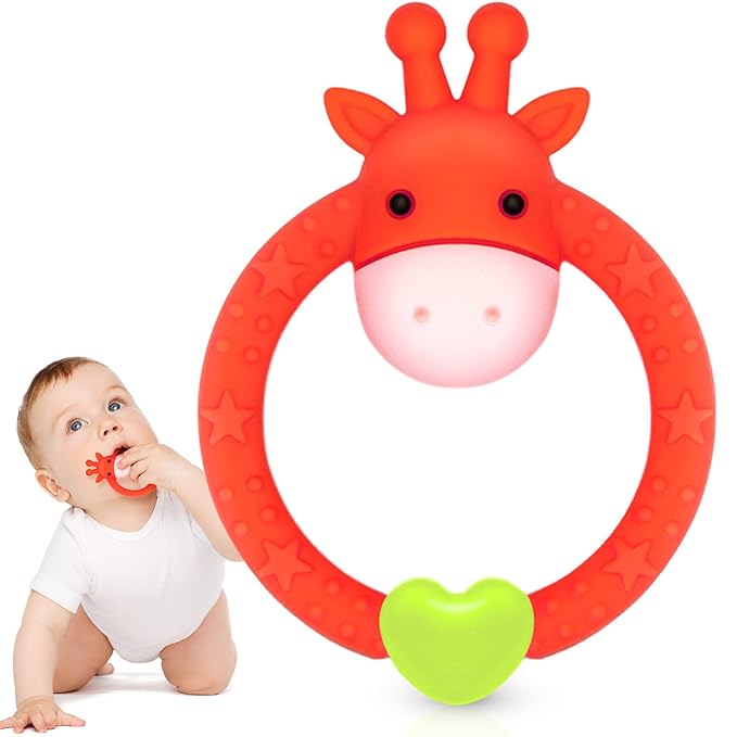 SHARE&CARE BPA Free Silicone Giraffe Baby Teether Toy with Storage Case, for 3 Months Above Infant Sore Gums Pain Relief and Baby Shower