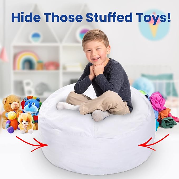 Cheer Collection Oversized Storage Bag, Kids Plush Toy Storage Organizer and Bean Bag Chair with Handle, Microplush Zippered Bag for Organizing Stuffed Animals - White