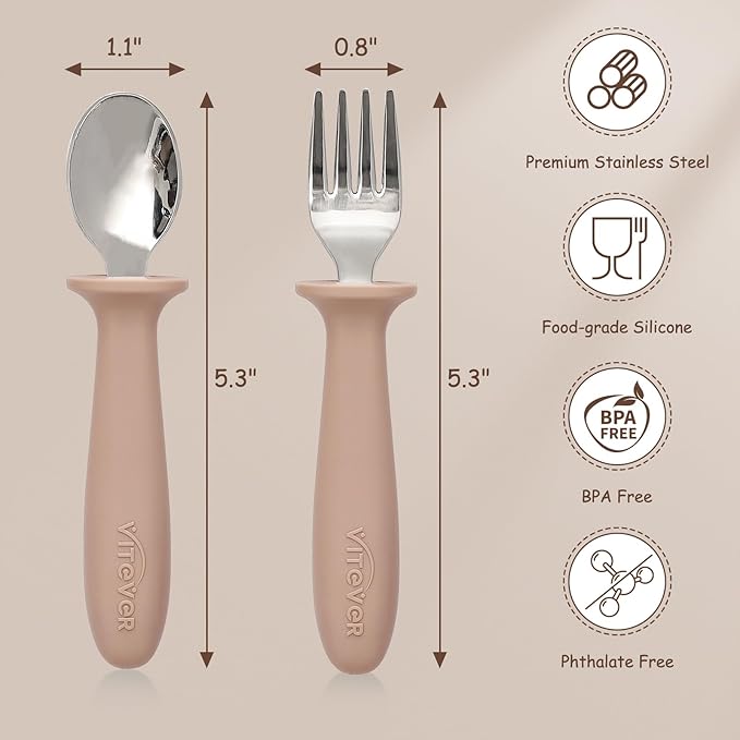 6 Pieces Toddler Utensils, Children Silverware Set with Silicone Handle, Kids Safe Spoons and Forks, Dishwasher Safe, 18/8 Stainless Steel, Food-grade Silicone,BPA Free - Tan