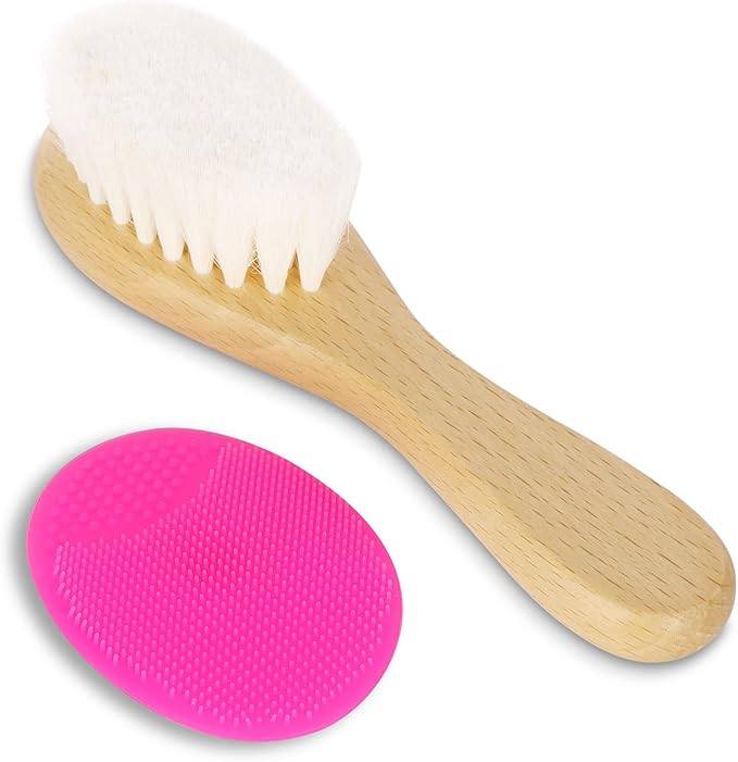 Baby Hair Brush, Goat Bristles Brush and Rose Red Baby Silicone Brush Set for Cradle Cap Wood Bristle Brush for Newborns and Toddlers (2 Piece)